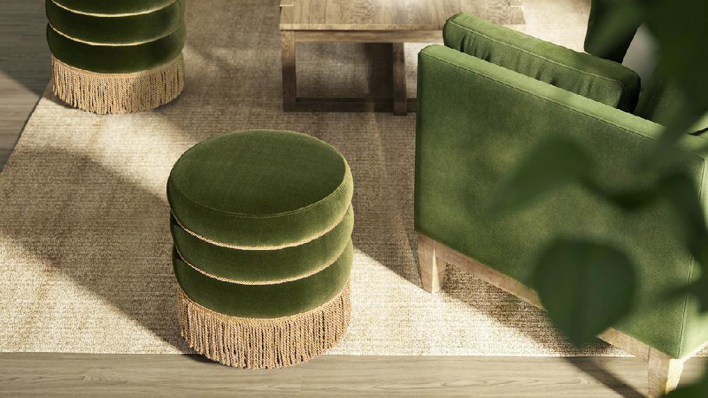 Jennifer Taylor Home Edward 17.5" Round Upholstered Ottoman With Bullion Fringe Olive Green