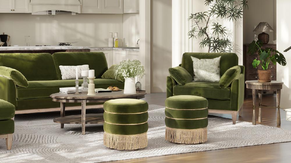 Jennifer Taylor Home Edward 17.5" Round Upholstered Ottoman With Bullion Fringe Olive Green