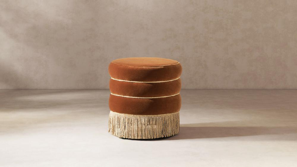 Jennifer Taylor Home Edward 17.5" Round Upholstered Ottoman With Bullion Fringe Burnt Orange