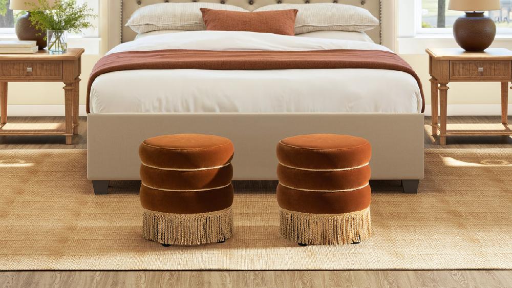 Jennifer Taylor Home Edward 17.5" Round Upholstered Ottoman With Bullion Fringe Burnt Orange