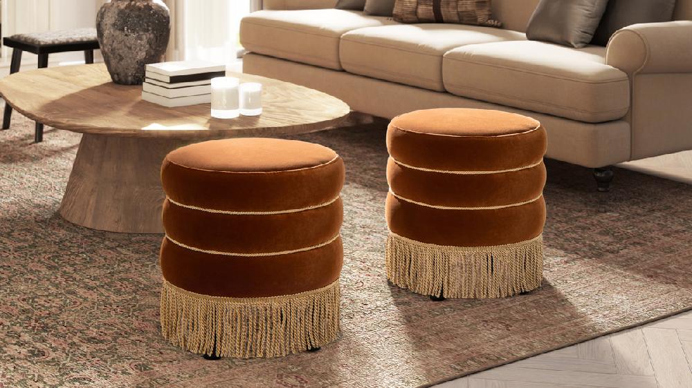 Jennifer Taylor Home Edward 17.5" Round Upholstered Ottoman With Bullion Fringe Burnt Orange