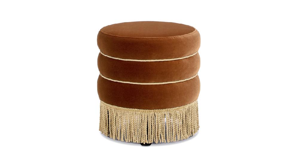 jennifer taylor home Edward 17.5" Round Upholstered Ottoman with Bullion Fringe Burnt Orange