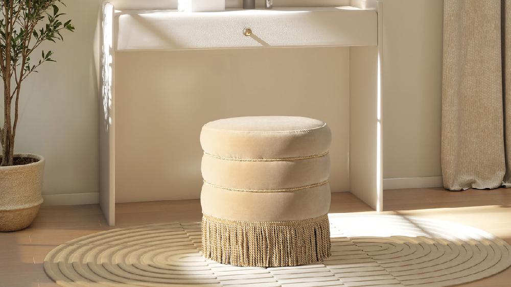 Jennifer Taylor Home Edward 17.5" Round Upholstered Ottoman With Bullion Fringe Fawn Brown