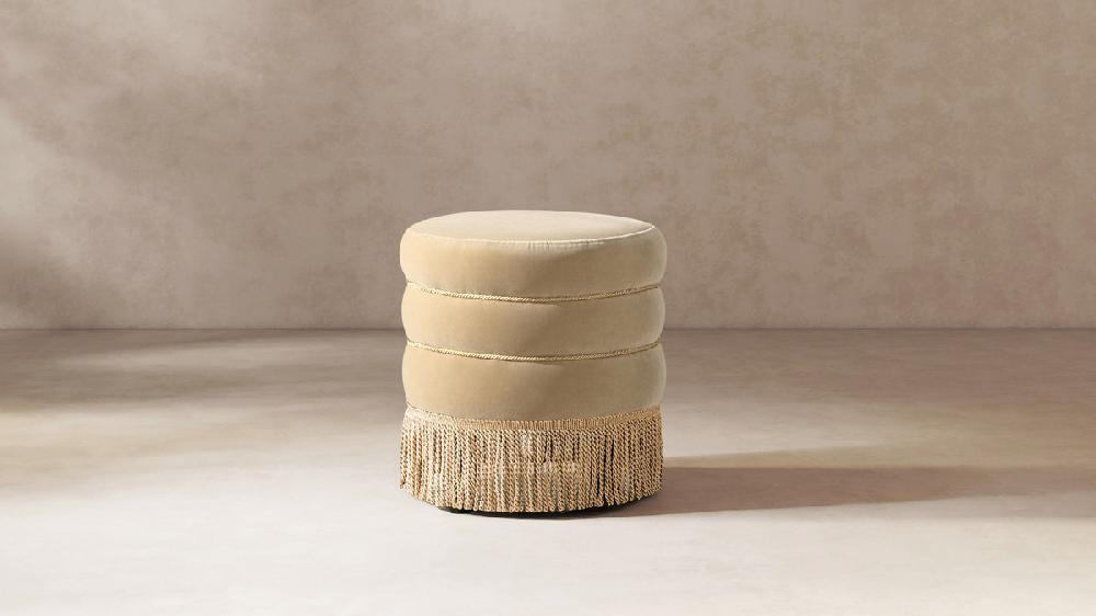 Jennifer Taylor Home Edward 17.5" Round Upholstered Ottoman With Bullion Fringe Fawn Brown