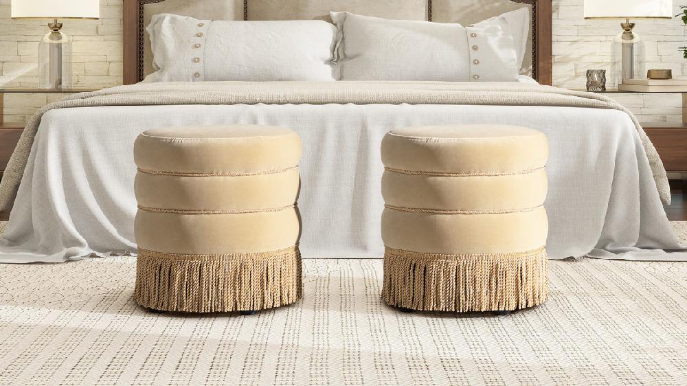 Jennifer Taylor Home Edward 17.5" Round Upholstered Ottoman With Bullion Fringe Fawn Brown