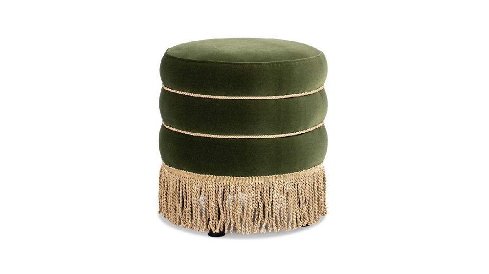 jennifer taylor home Edward 17.5" Round Upholstered Ottoman with Bullion Fringe Olive Green