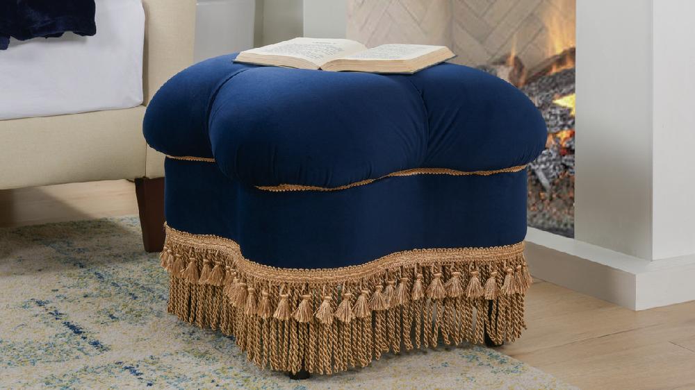 Jennifer Taylor Home Ellen Upholstered Clover Ottoman With Gold Bullion Fringe Navy Blue