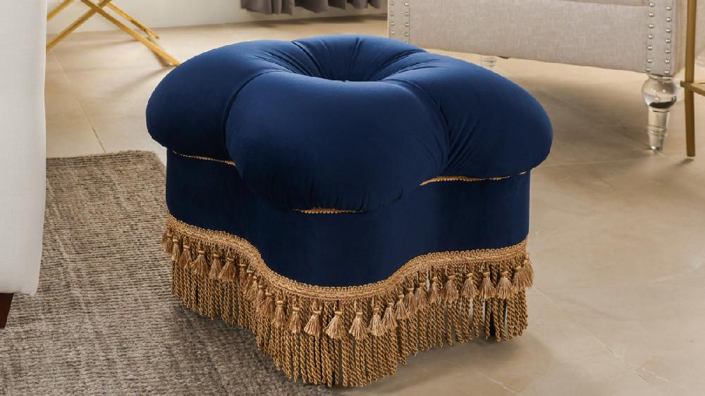 Jennifer Taylor Home Ellen Upholstered Clover Ottoman With Gold Bullion Fringe Navy Blue