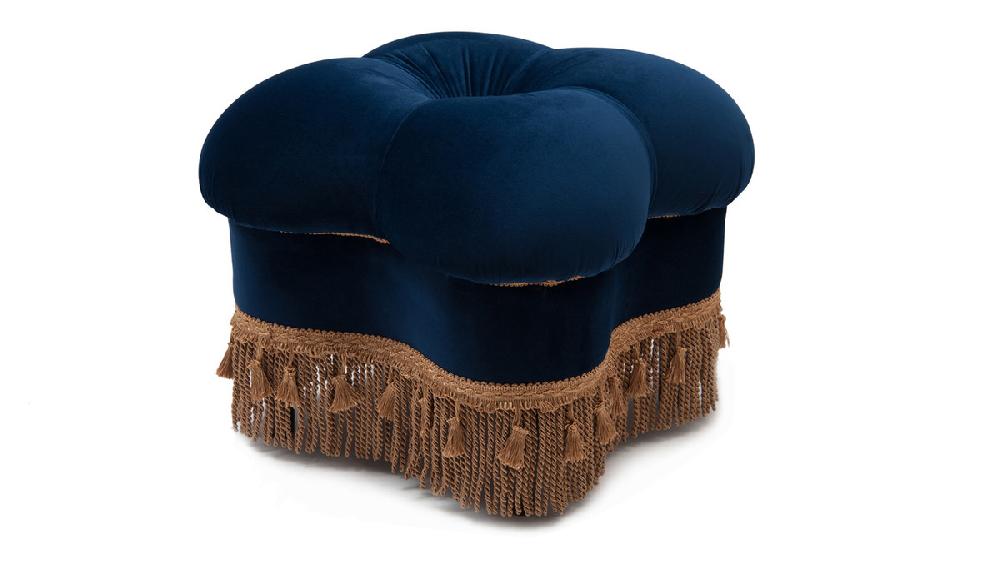 jennifer taylor home Ellen Upholstered Clover Ottoman with Gold Bullion Fringe Navy Blue