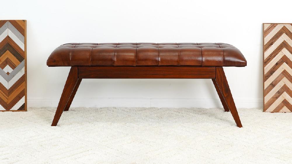 Jennifer Taylor Home Emery 47.2" Mid-Century Genuine Leather Entryway Bench Cognac Tan