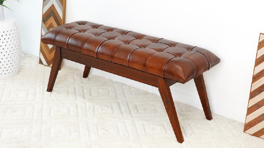 Jennifer Taylor Home Emery 47.2" Mid-Century Genuine Leather Entryway Bench Cognac Tan