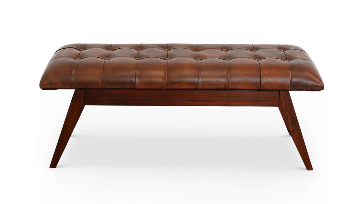 jennifer taylor home Emery 47.2" Mid-Century Genuine Leather Entryway Bench Cognac Tan