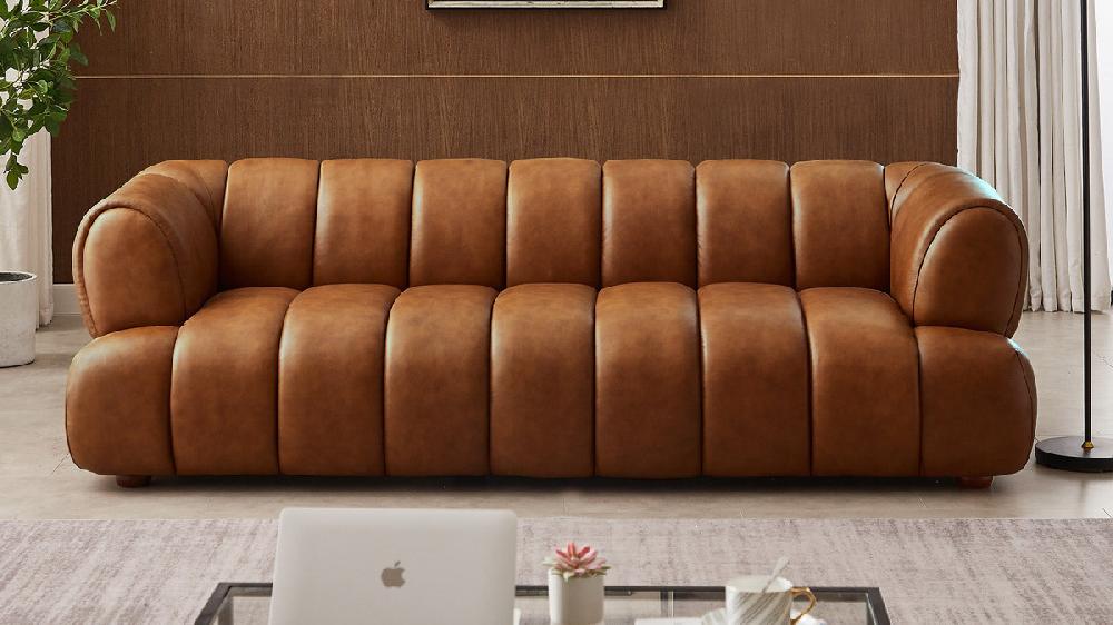 Jennifer Taylor Home Emory 89.7" Mid-Century Modern Genuine Leather Sofa In Cognac