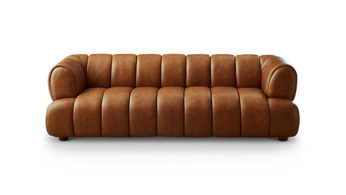 jennifer taylor home Emory 89.7" Mid-Century Modern Genuine Leather Sofa in Cognac