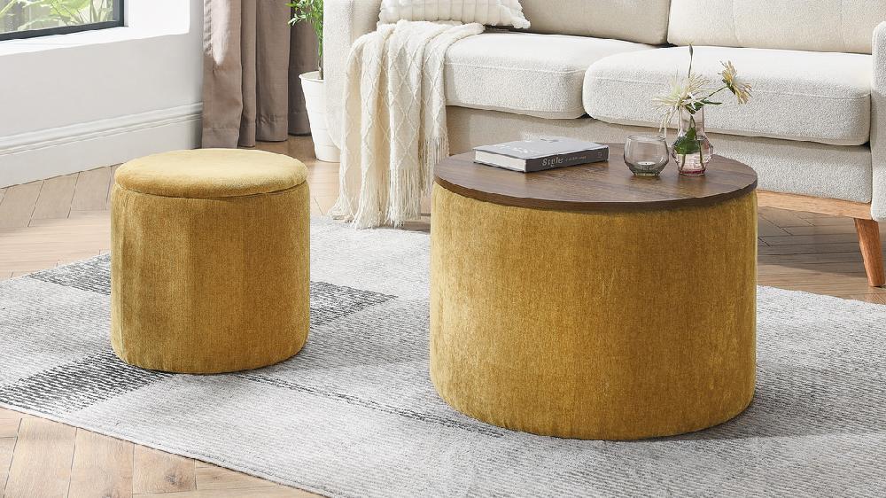 Jennifer Taylor Home Felicity 23.62" 2-Piece Chenille Round Storage Ottoman Set With Stool And Wood Tray Top Chenille Dark Yellow