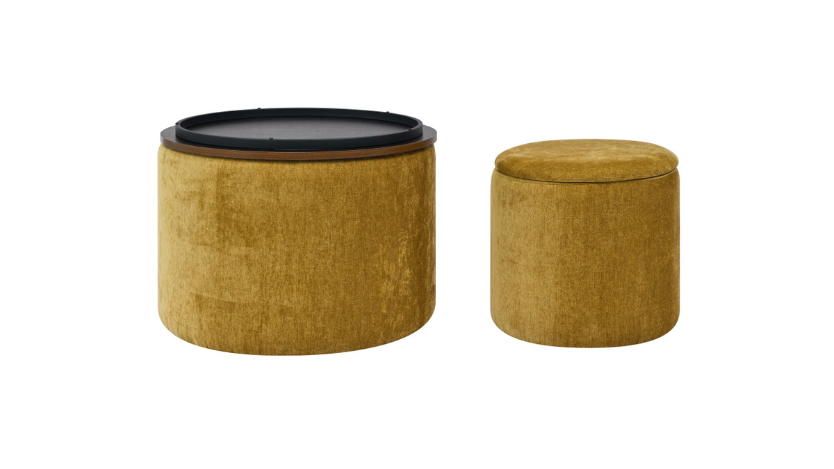 Jennifer Taylor Home Felicity 23.62" 2-Piece Chenille Round Storage Ottoman Set With Stool And Wood Tray Top Chenille Dark Yellow