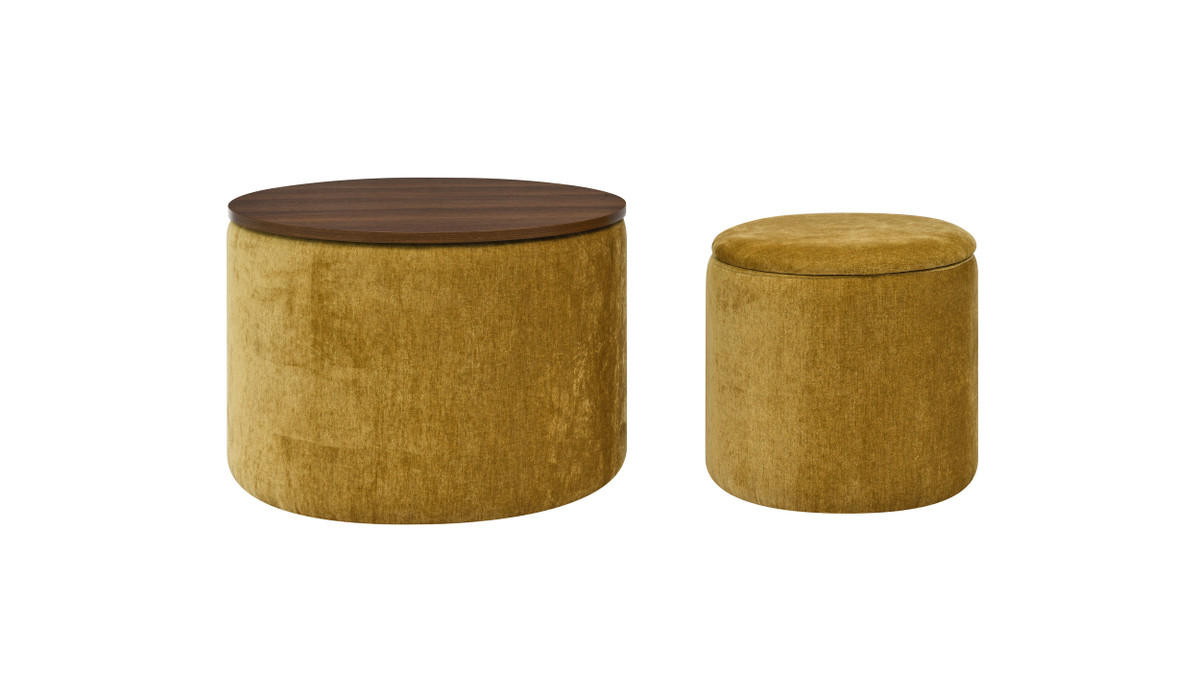 jennifer taylor home Felicity 23.62" 2-Piece Chenille Round Storage Ottoman Set with Stool and Wood Tray Top Chenille Dark Yellow