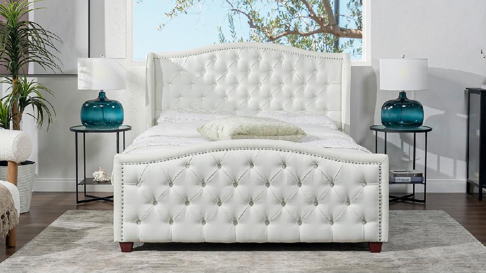Jennifer Taylor Home Fontana Wingback Upholstered Platform Bed Frame Queen Antique White
