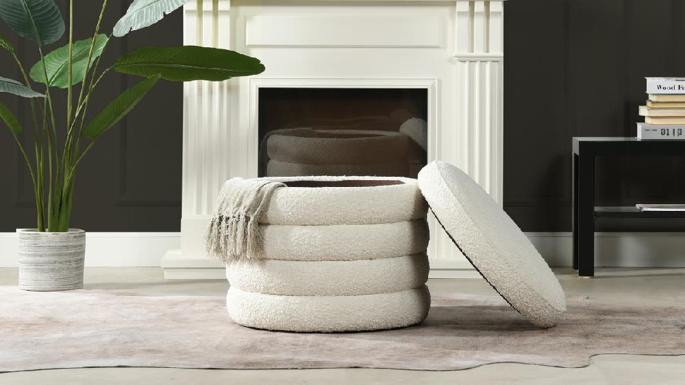 Jennifer Taylor Home Fuji 19" Oversized Bouclé Round Storage Ottoman Ivory White