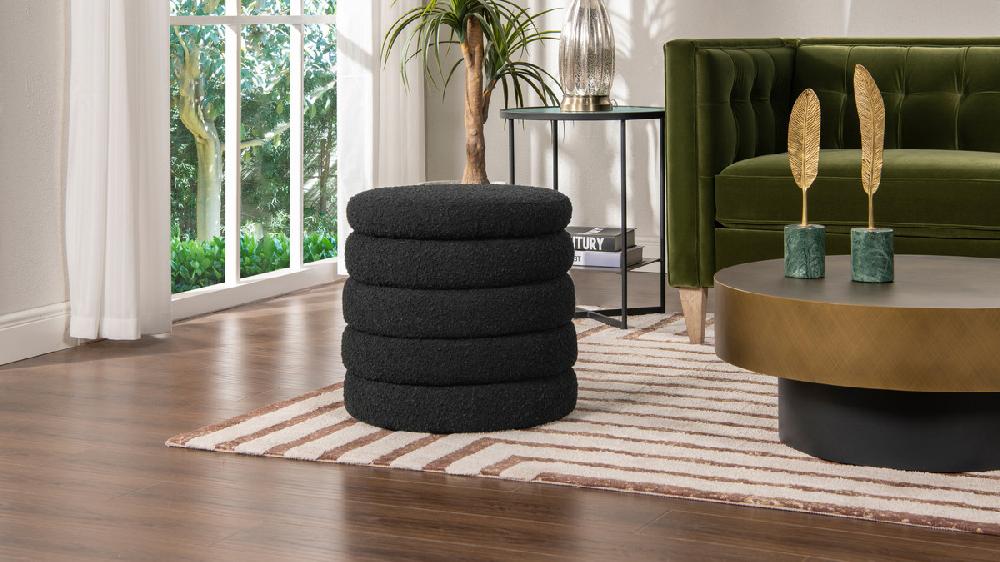 Jennifer Taylor Home Fuji 19" Oversized Round Storage Ottoman Ebony Black Bouclé