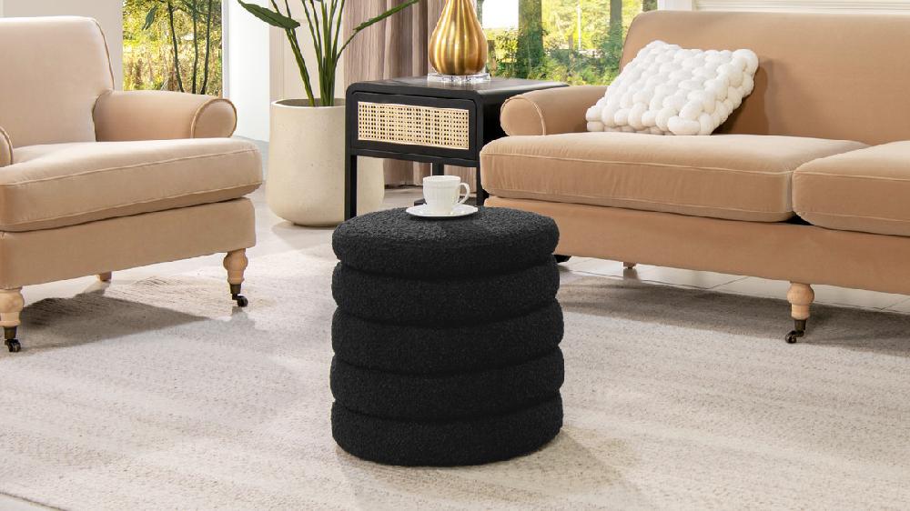 Jennifer Taylor Home Fuji 19" Oversized Round Storage Ottoman Ebony Black Bouclé