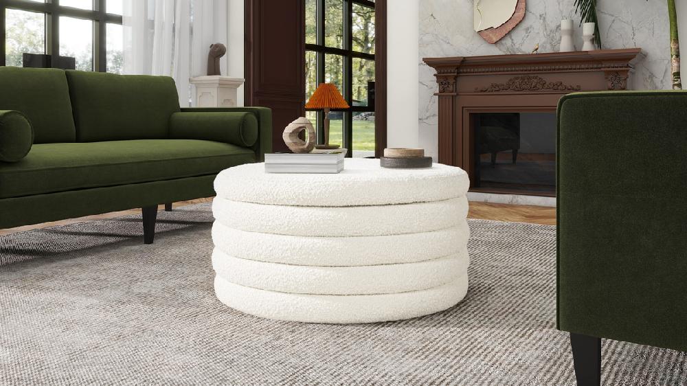 Jennifer Taylor Home Fuji 36" Round Upholstered Storage Cocktail Ottoman Ivory White Bouclé