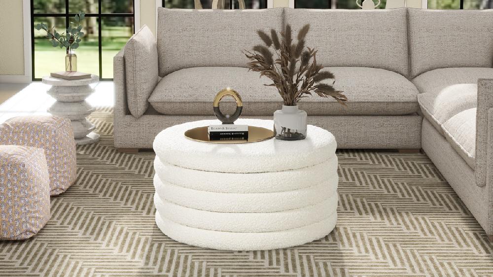 Jennifer Taylor Home Fuji 36" Round Upholstered Storage Cocktail Ottoman Ivory White Bouclé