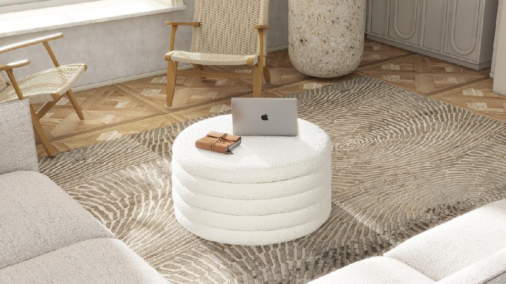 Jennifer Taylor Home Fuji 36" Round Upholstered Storage Cocktail Ottoman Ivory White Bouclé