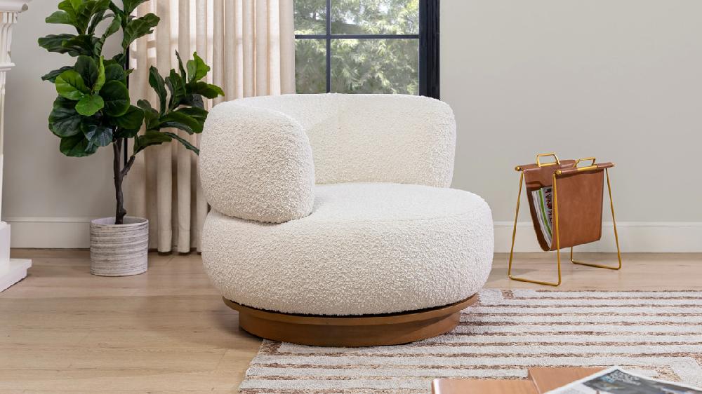 Jennifer Taylor Home Fuji 360 Swivel Bouclé Low Barrel Back Accent Chair Ivory White