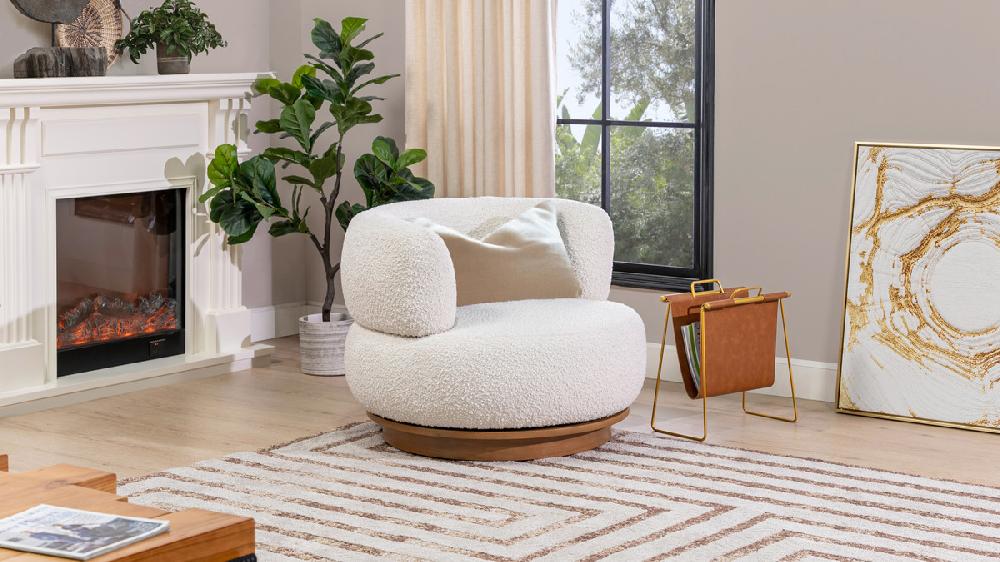Jennifer Taylor Home Fuji 360 Swivel Bouclé Low Barrel Back Accent Chair Ivory White