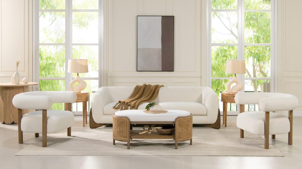 Jennifer Taylor Home Fuji 37" Mid Century Modern Barrel Accent Arm Chair Ivory White Bouclé