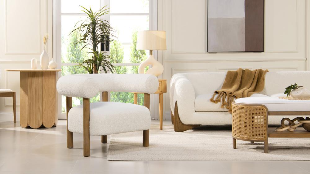 Jennifer Taylor Home Fuji 37" Mid Century Modern Barrel Accent Arm Chair Ivory White Bouclé