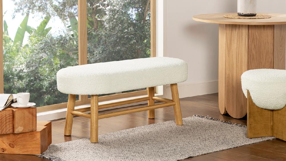 Jennifer Taylor Home Fuji 42" Upholstered Bedroom Accent Bench With Natural Wood Legs Ivory White Bouclé