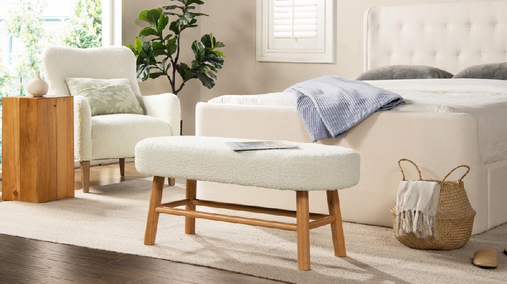 Jennifer Taylor Home Fuji 42" Upholstered Bedroom Accent Bench With Natural Wood Legs Ivory White Bouclé