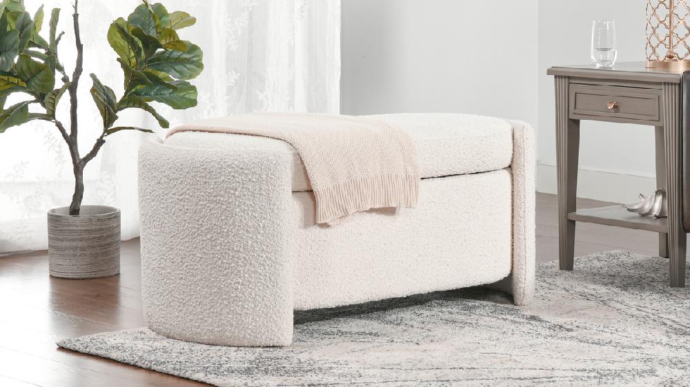 Jennifer Taylor Home Fuji 43" Upholstered Bouclé Oval Storage Bench Ivory White