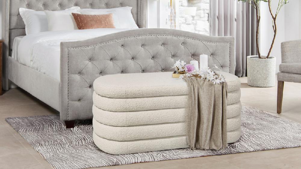 Jennifer Taylor Home Fuji 49" Upholstered Bouclé Oval Storage Bench Ivory White