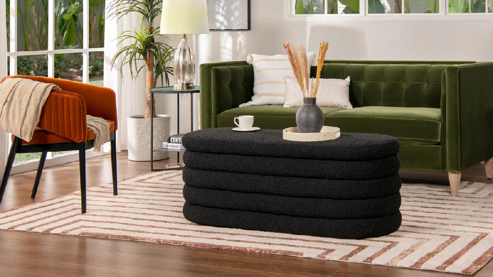 Jennifer Taylor Home Fuji 49" Upholstered Oval Storage Bench Ebony Black Bouclé