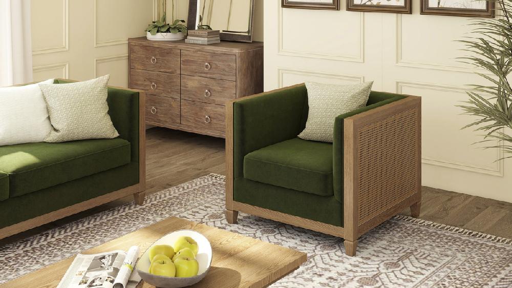 Jennifer Taylor Home Georgia 34" Cane Rattan Tuxedo Armchair Olive Green