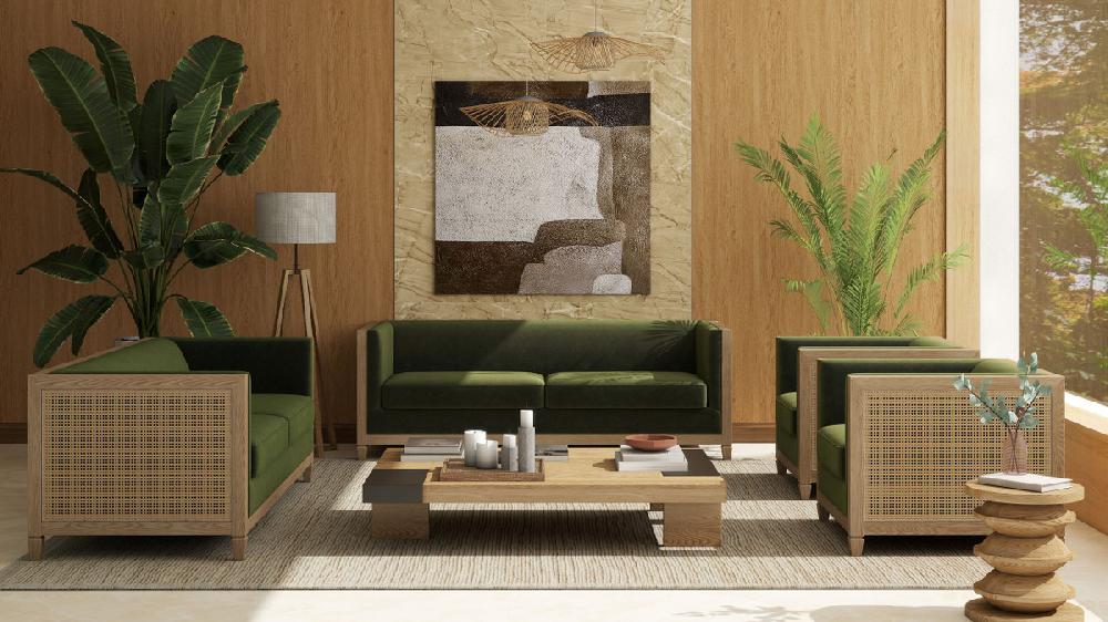 Jennifer Taylor Home Georgia 81" Cane Rattan Tuxedo Sofa Olive Green