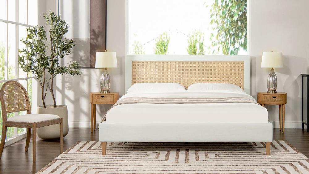 Jennifer Taylor Home Haley Upholstered Cane-Back Platform Bed King Snow White