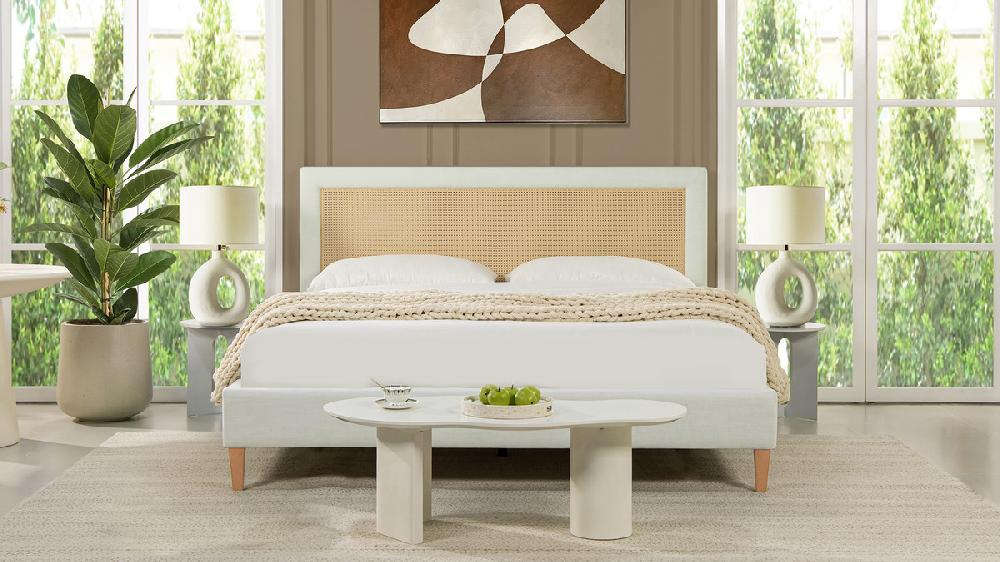 Jennifer Taylor Home Haley Upholstered Cane-Back Platform Bed King Snow White