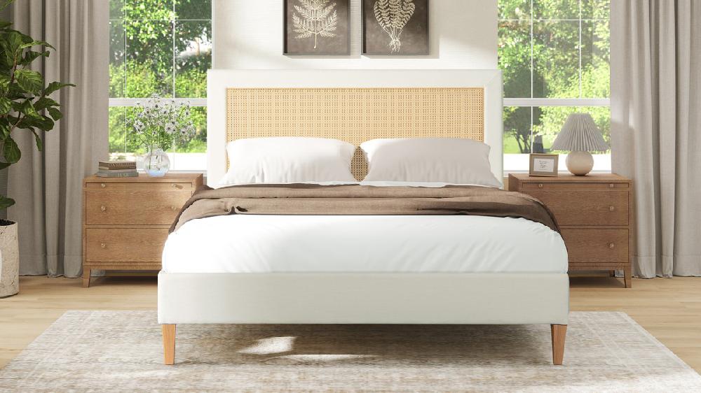 Jennifer Taylor Home Haley Upholstered Cane-Back Platform Bed Queen Snow White