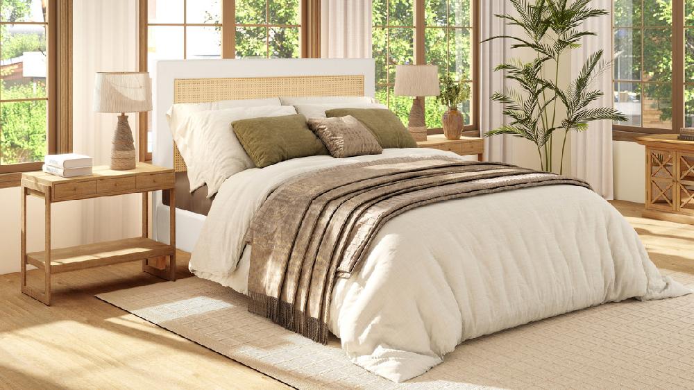 Jennifer Taylor Home Haley Upholstered Cane-Back Platform Bed Queen Snow White