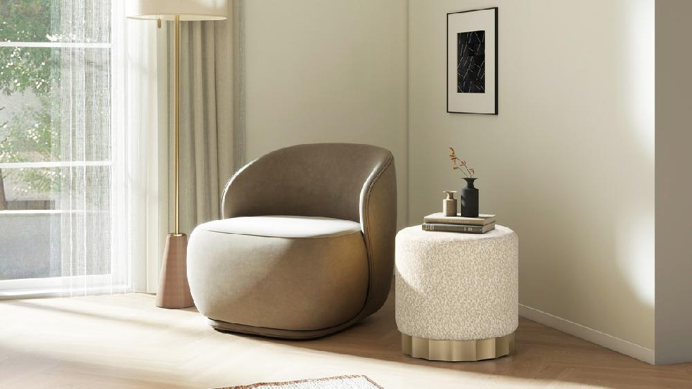 Jennifer Taylor Home Hampton 18" Round Upholstered Ottoman With Scalloped Base Speckled Egg Beige