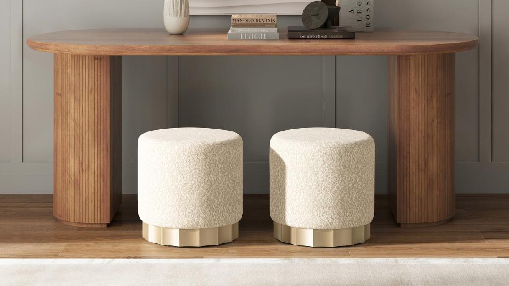 Jennifer Taylor Home Hampton 18" Round Upholstered Ottoman With Scalloped Base Speckled Egg Beige