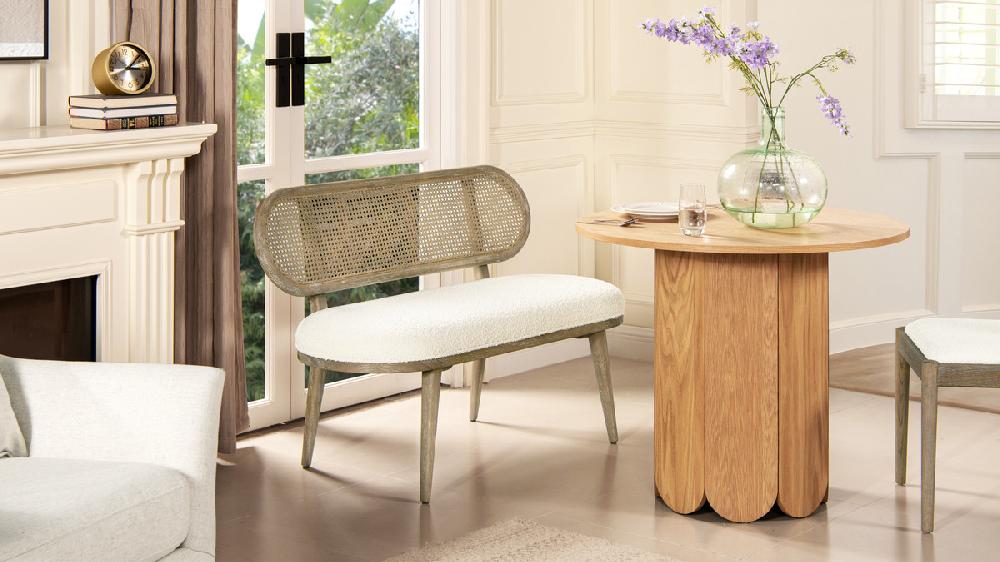 Jennifer Taylor Home Havana 48" Cane Rattan Upholstered Bench Settee Ivory White Bouclé