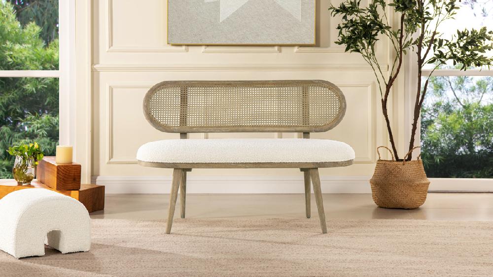 Jennifer Taylor Home Havana 48" Cane Rattan Upholstered Bench Settee Ivory White Bouclé