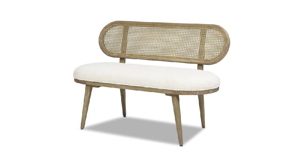 Jennifer Taylor Home Havana 48" Cane Rattan Upholstered Bench Settee Ivory White Bouclé
