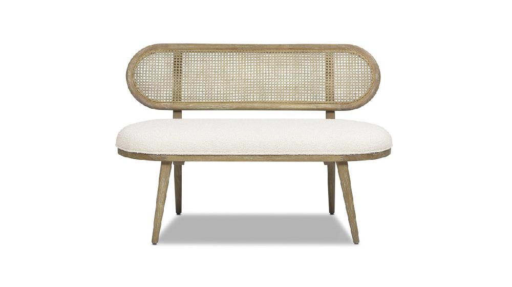 jennifer taylor home Havana 48" Cane Rattan Upholstered Bench Settee Ivory White Bouclé