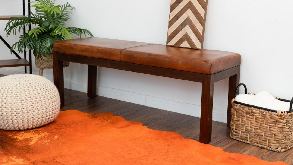 Jennifer Taylor Home Hollis 48" Genuine Leather Bench With Solid Eucalyptus Wood Frame